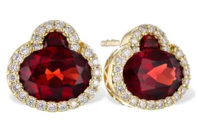 14K Yellow Gold Garnet Stud Earrings with Diamond Halo