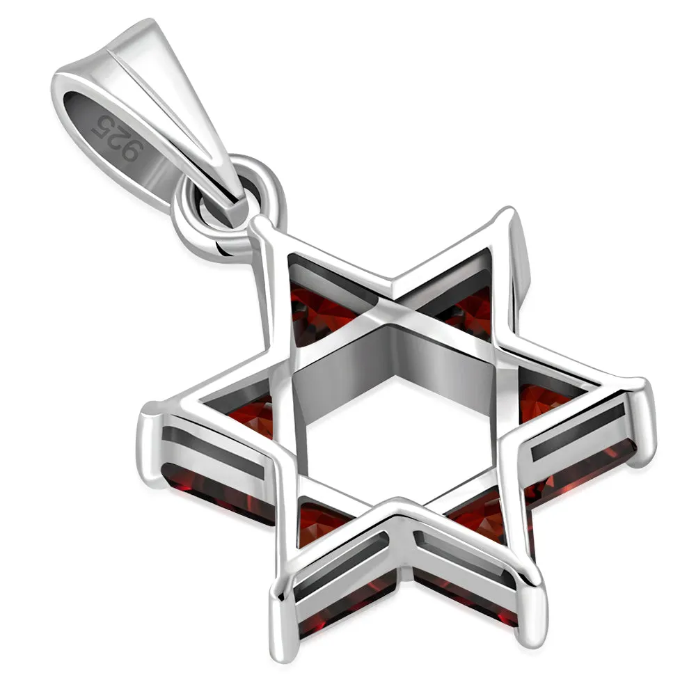 Garnet CZ Medium Star of David Silver Pendant