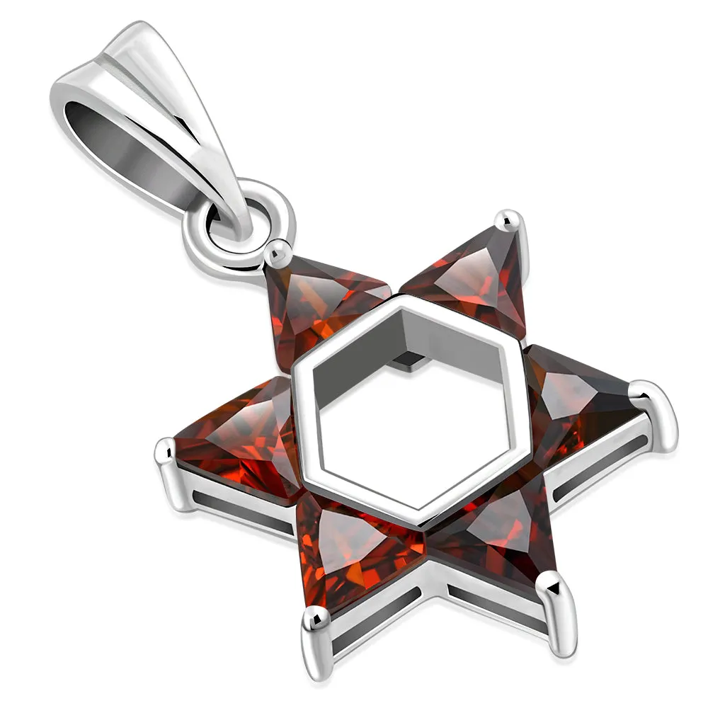 Garnet CZ Medium Star of David Silver Pendant