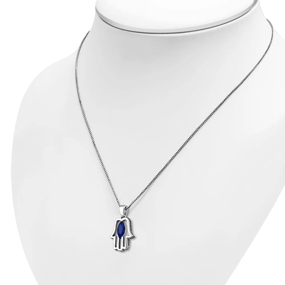 Hamsa Silver Pendant set w/ Blue Sapphire CZ