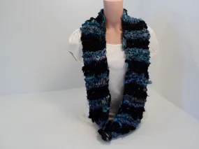 Handcrafted Wrap Cowl Blue Black Recycled Silk Ribbon Female Striped -- New No Tags