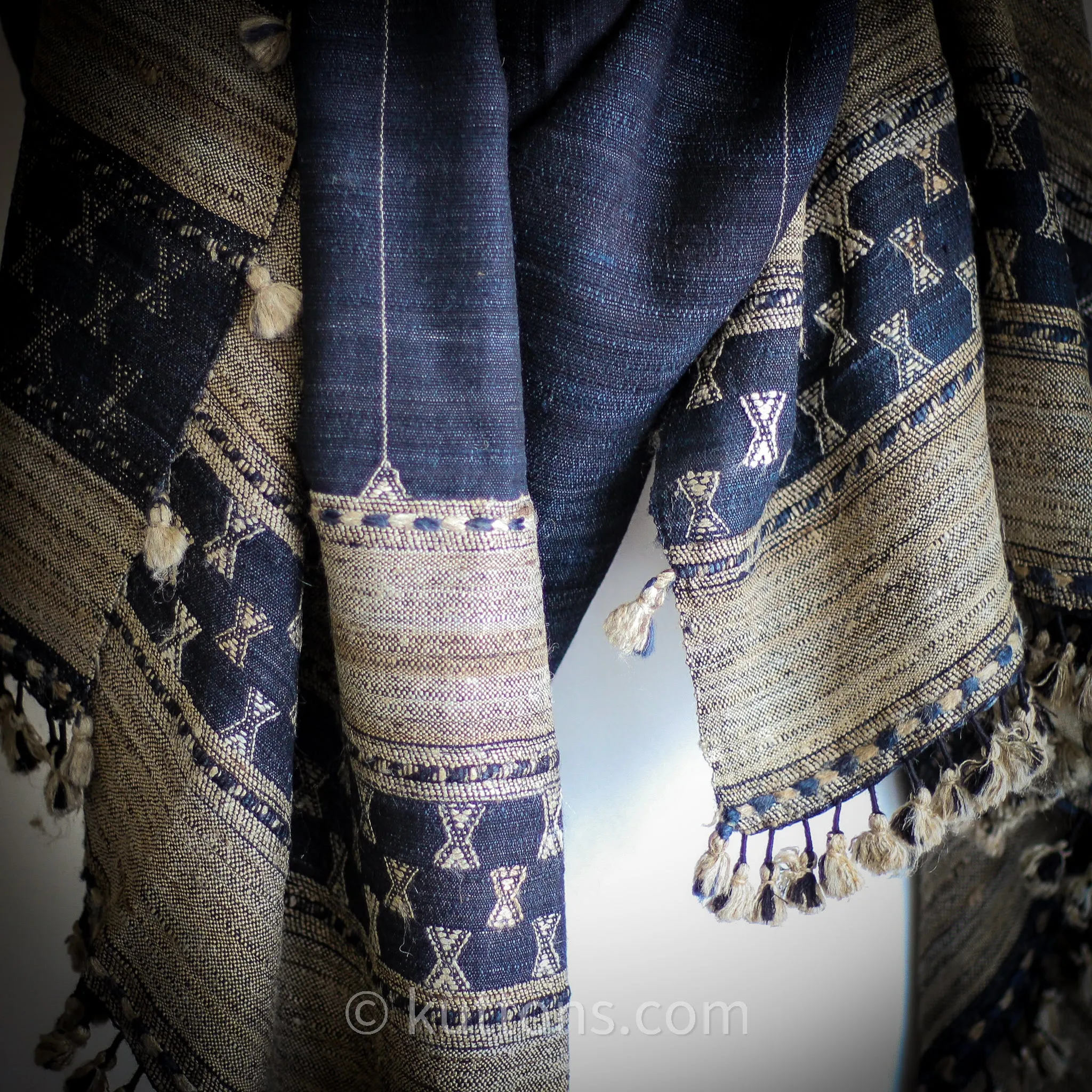 Handwoven Tussar Silk & Merino Wool Shawl with Tassels | Black, Brown, 38x86"