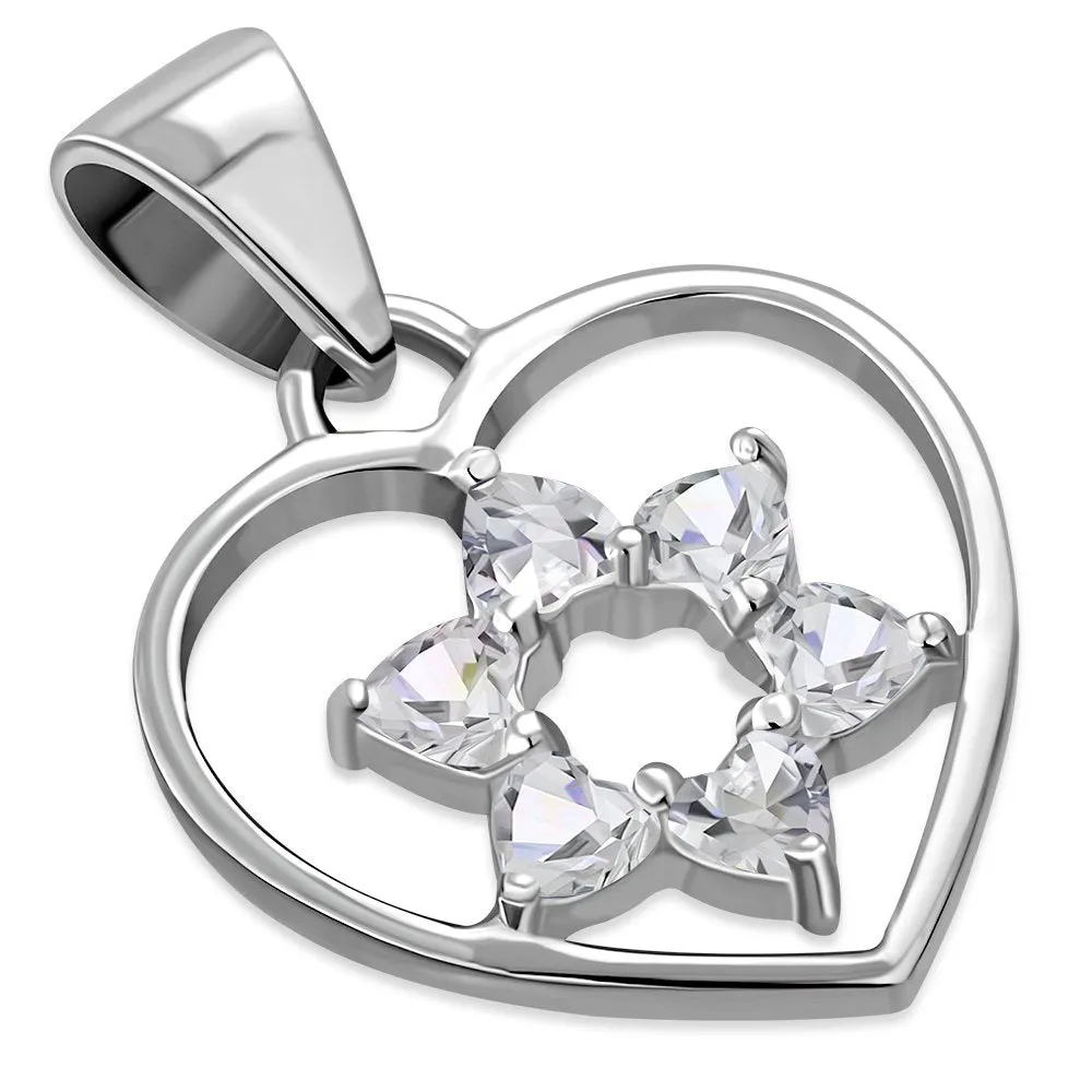 Heart Star of David Silver Pendant set w/ Clear CZ