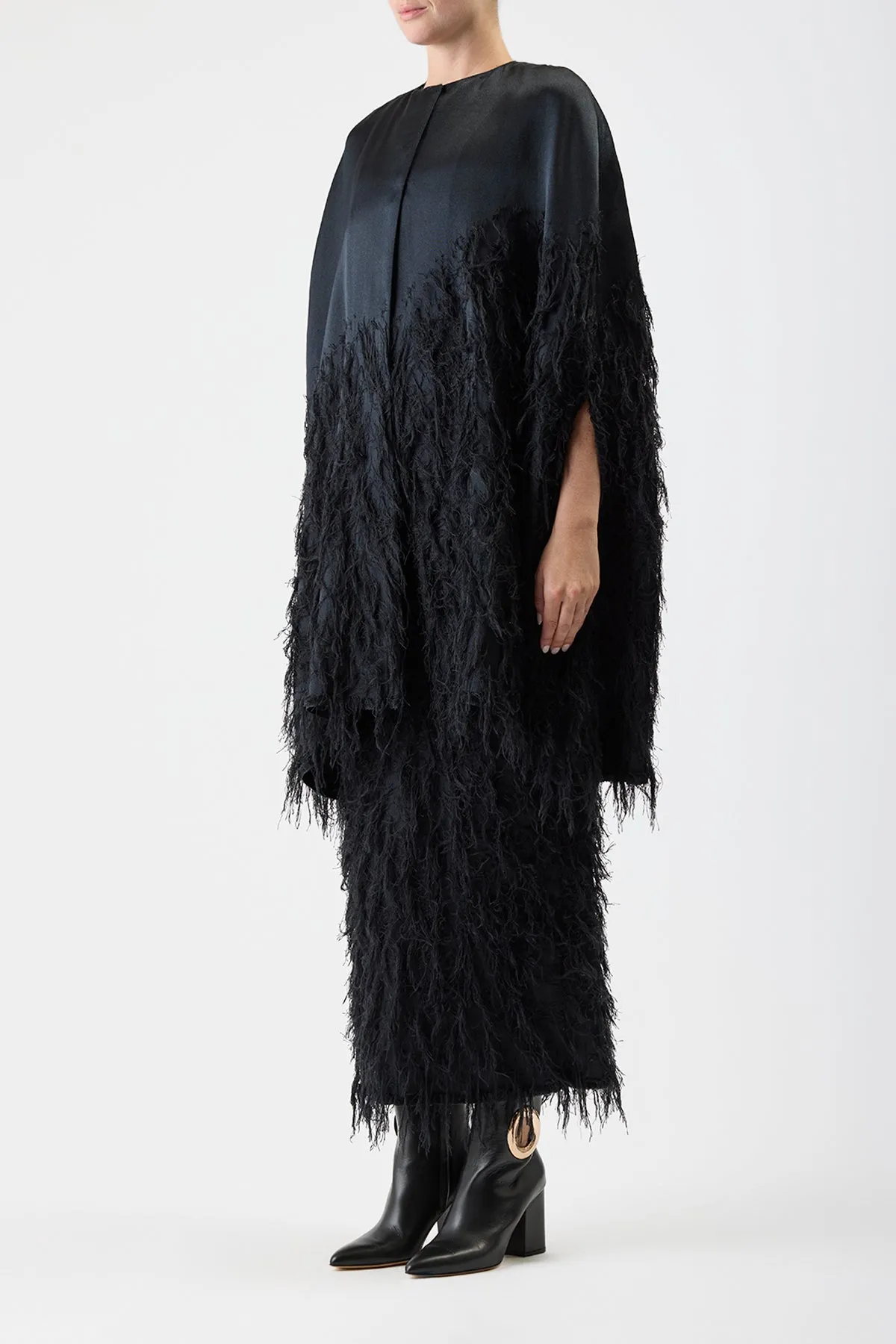 Pauli Feather Cape in Black Silk Satin