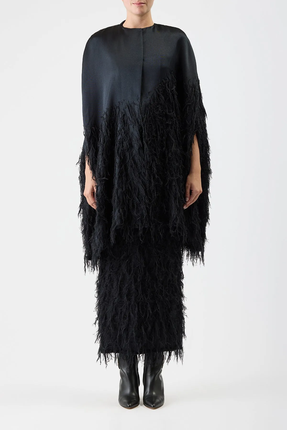 Pauli Feather Cape in Black Silk Satin