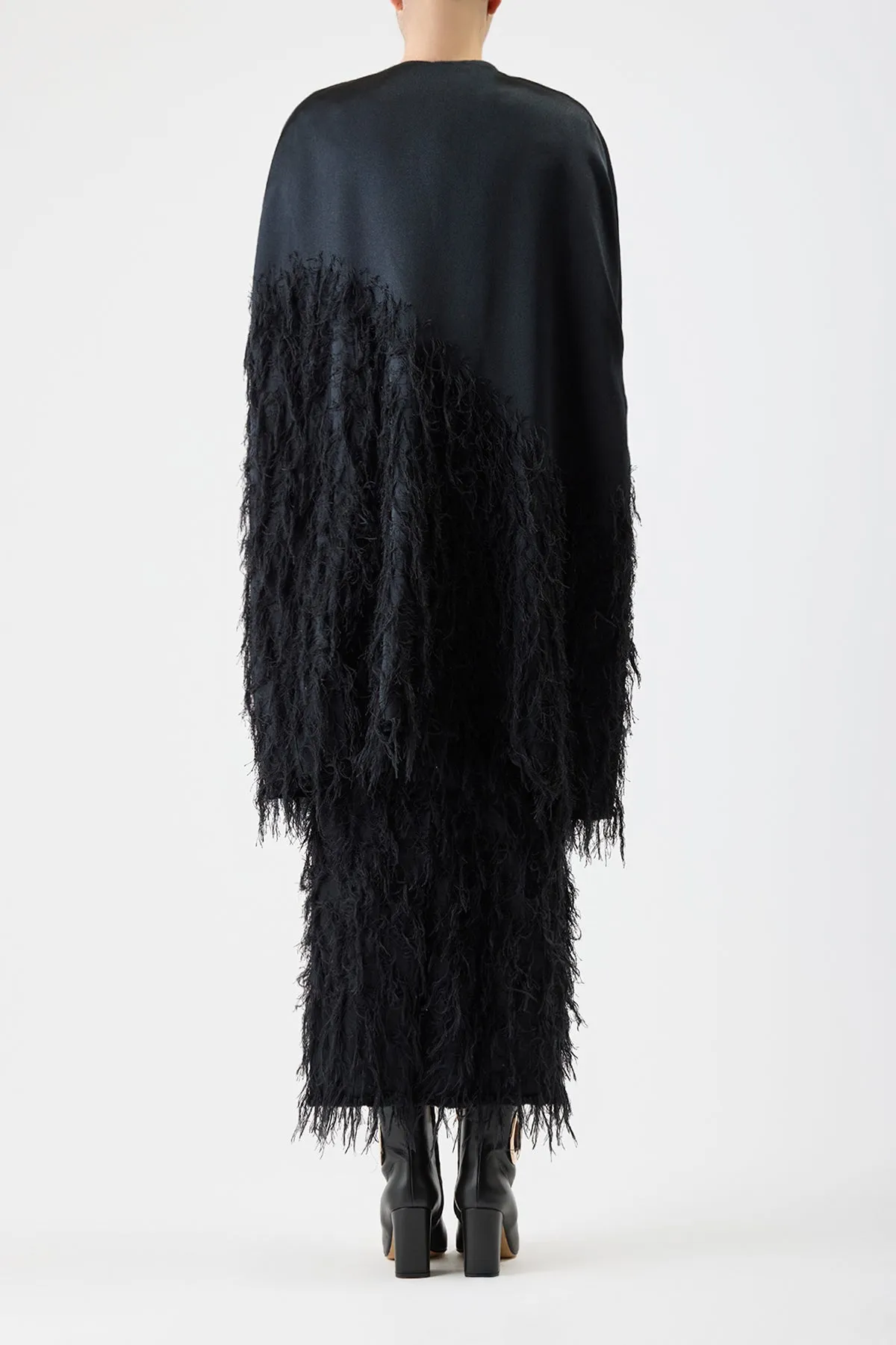 Pauli Feather Cape in Black Silk Satin