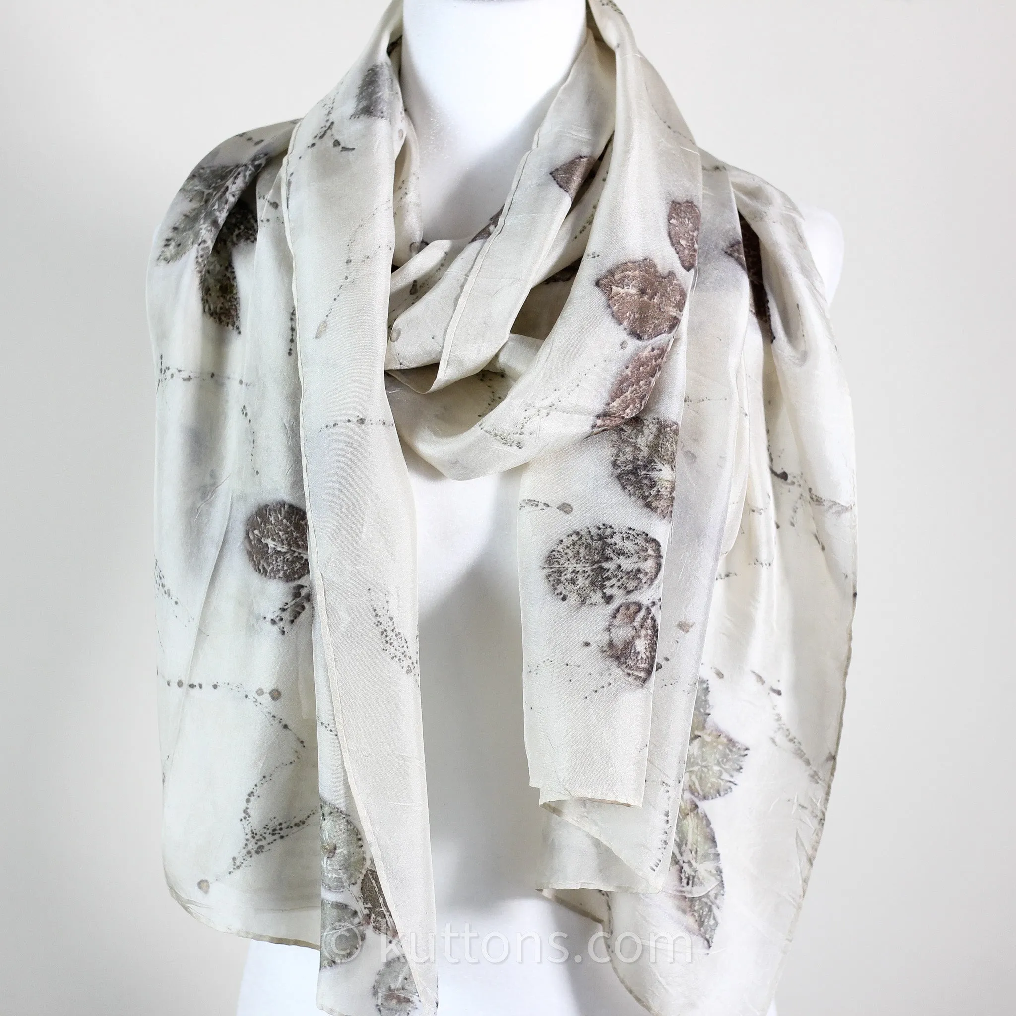 Pure Mulberry Silk Stole - Eco Printed with Rose Leaves, Featherweight Scarf | Brown, 21x72"