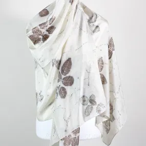 Pure Mulberry Silk Stole - Eco Printed with Rose Leaves, Featherweight Scarf | Brown, 21x72"