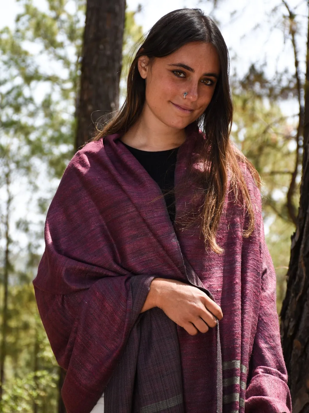 Silk Wool Shawl Wine & Black with Striped Pallu