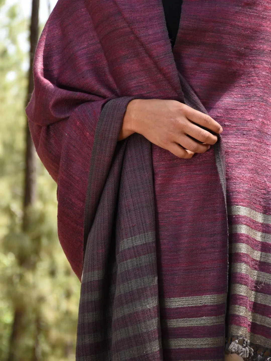 Silk Wool Shawl Wine & Black with Striped Pallu