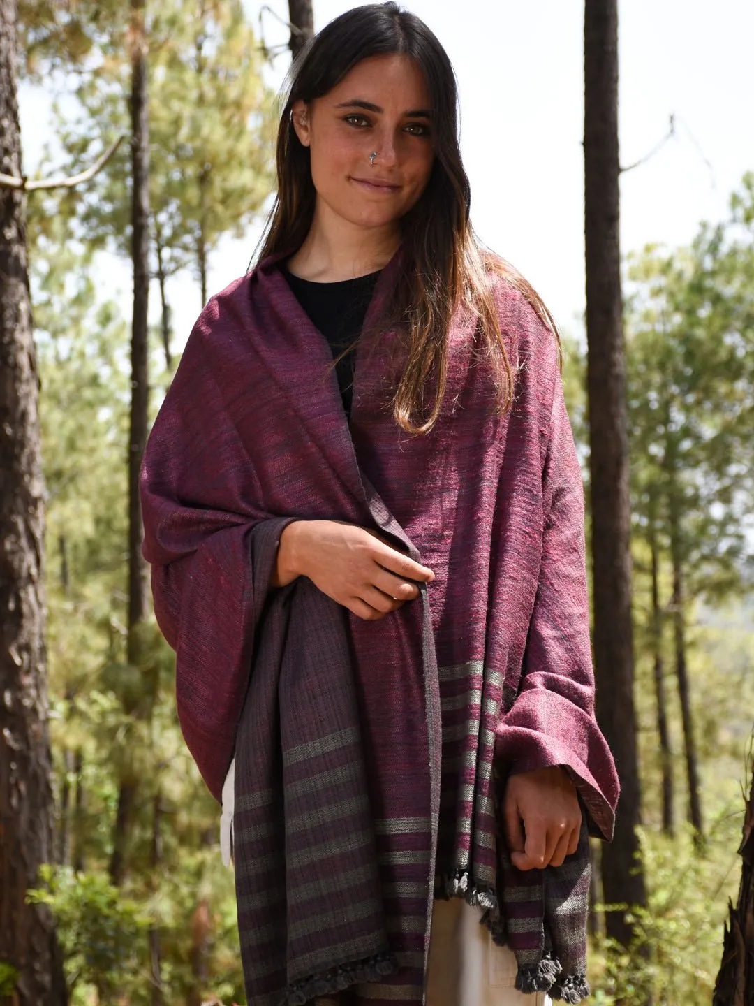 Silk Wool Shawl Wine & Black with Striped Pallu