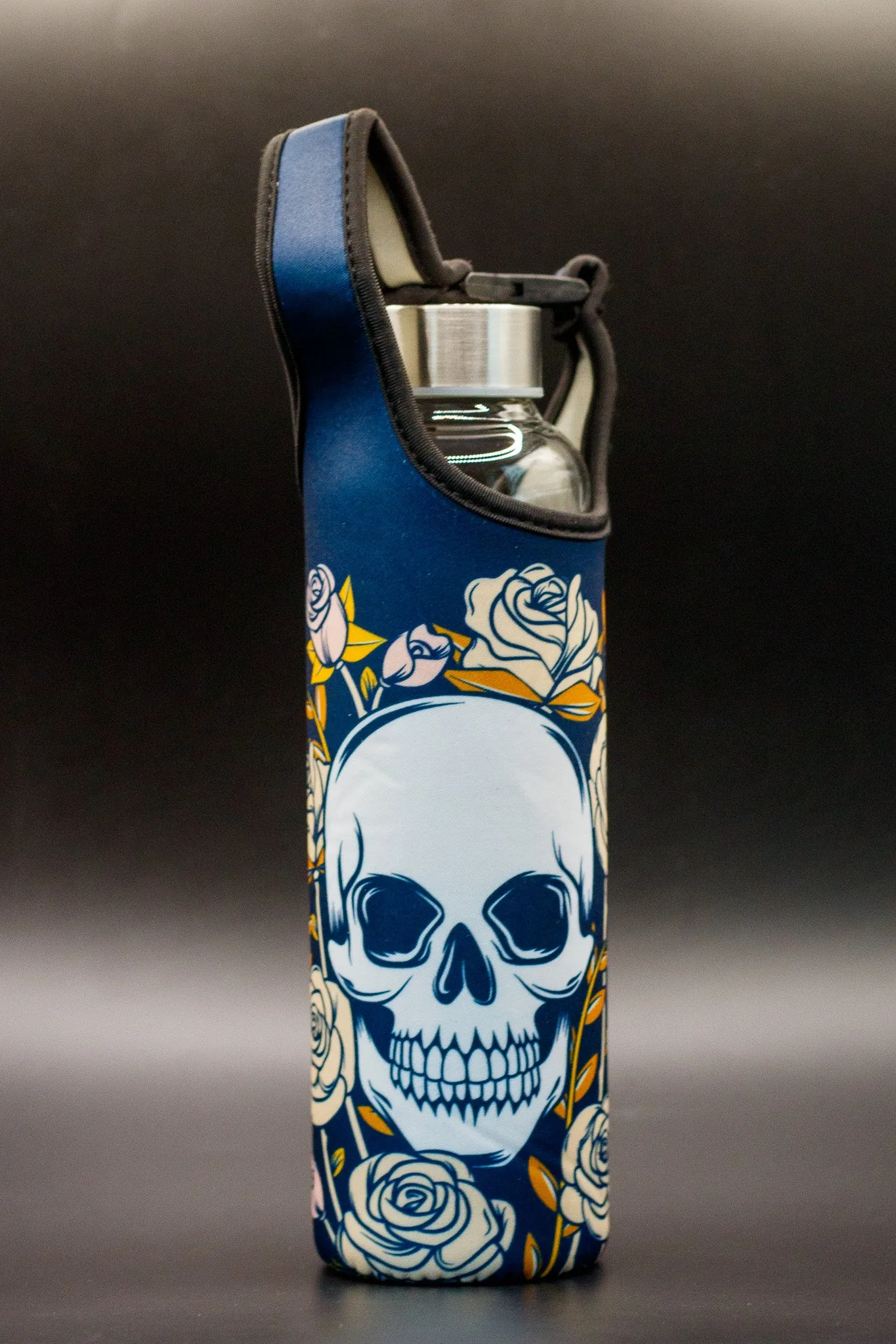 Skulls & Roses Reusable Glass Water Bottle with Protective Neoprene Sleeve